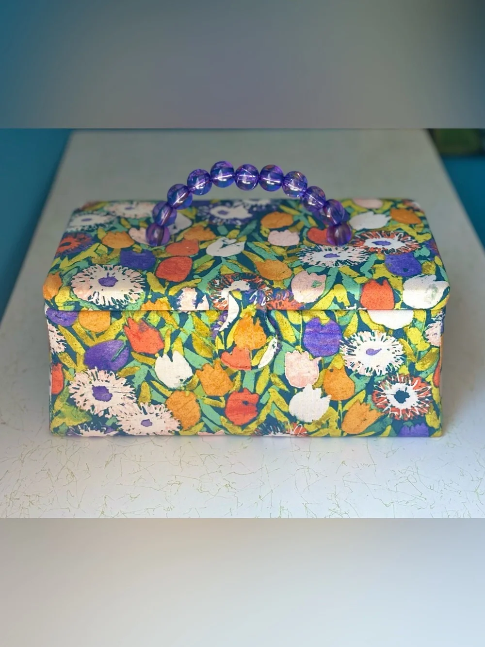 Vintage Floral Tulip Beaded Handle Sewing Box Purse